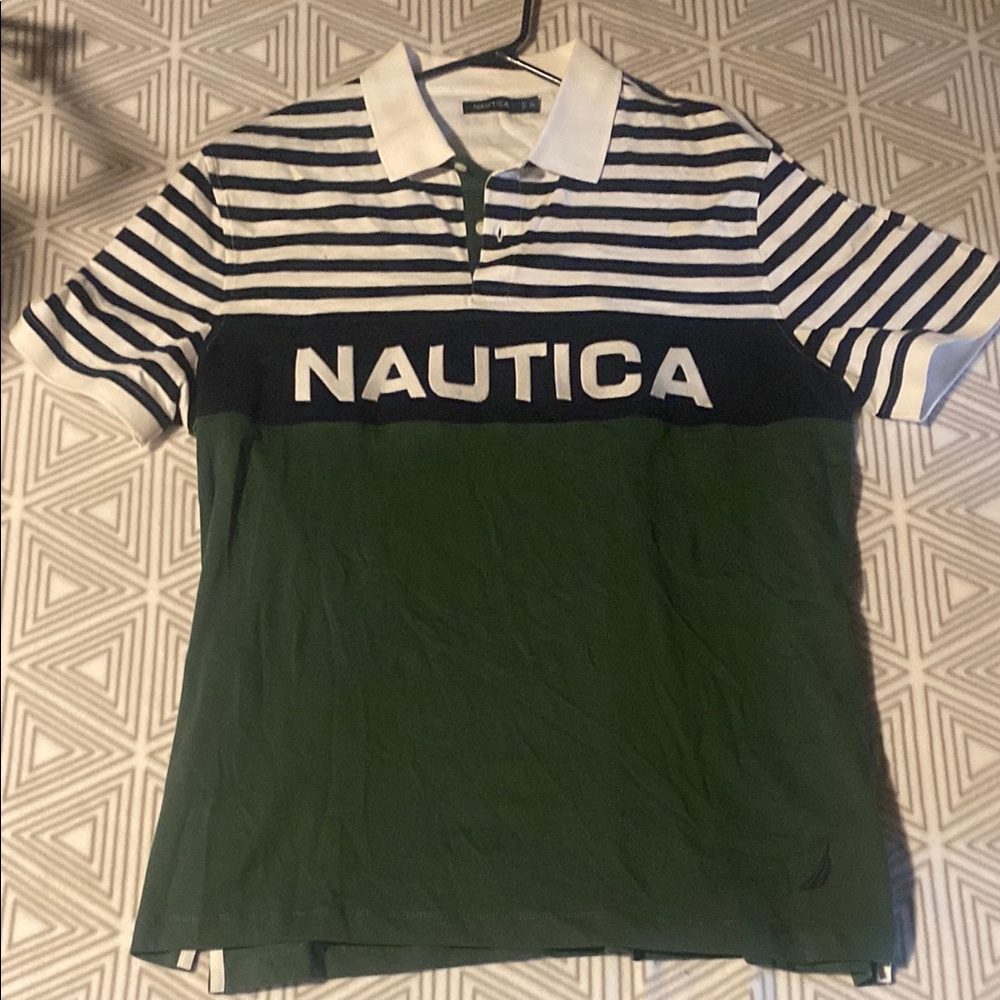 Nautica Green and White‎ Striped Polo Shirt